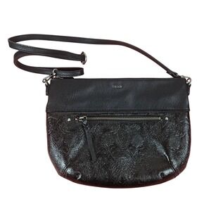 The Sak Oleta Onxy Black Leather Crossbody Bag Embossed Adjustable Strap Western